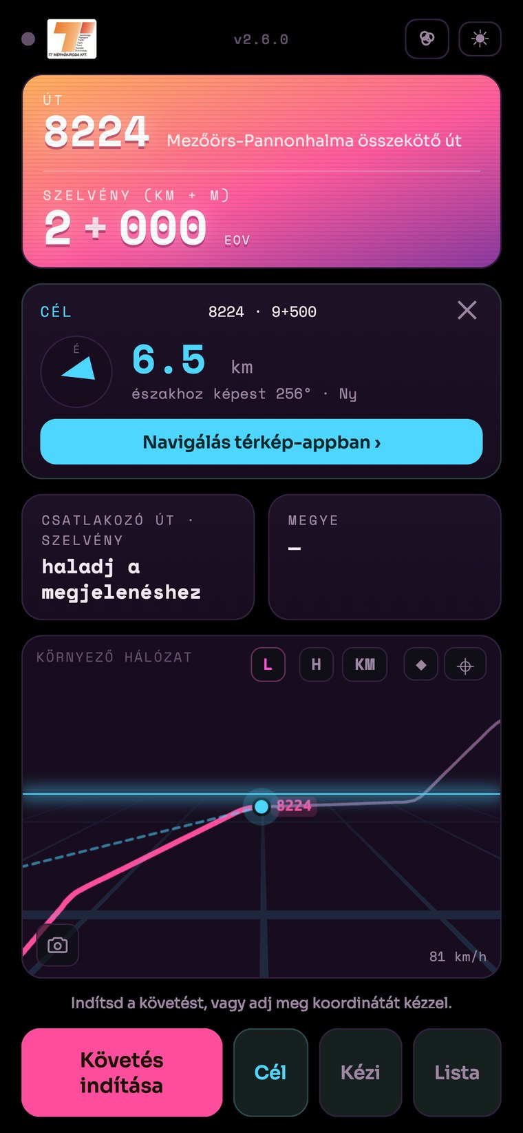 A GabbRoad App élő nézete: útszám, szelvény, cél és a környező úthálózat